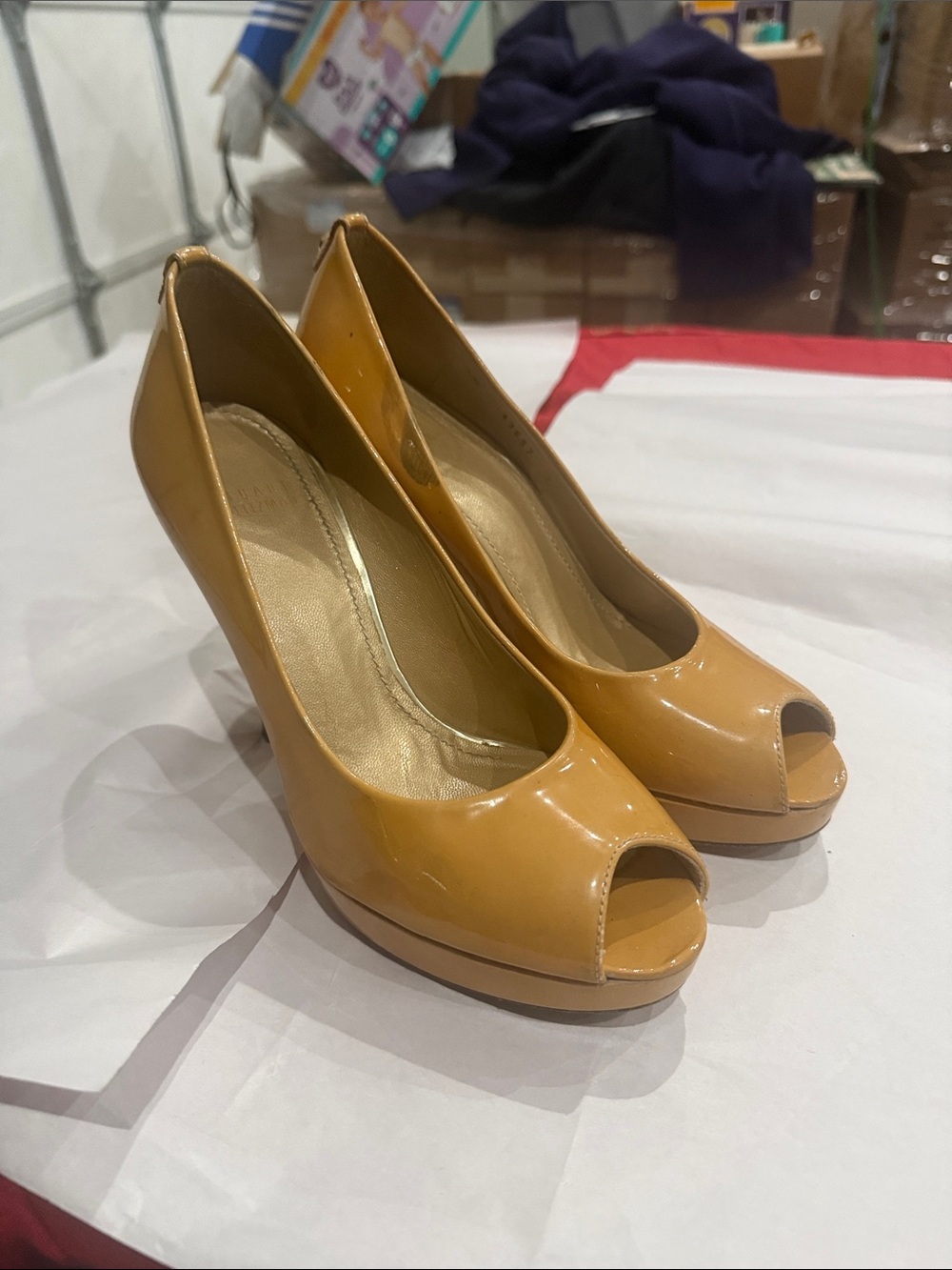 Stuart Weitzman Glossy Peep-Toe Platform Pumps in Mustard Yellow